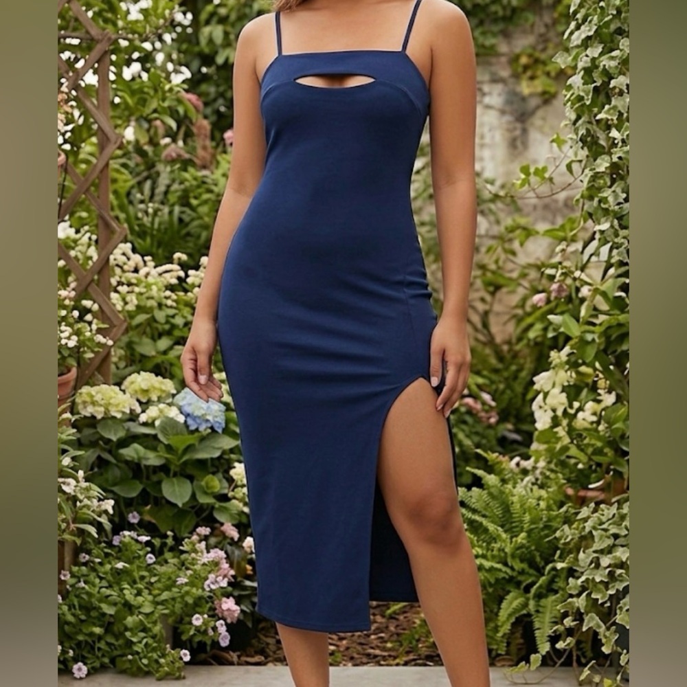 Lulu's Navy Cutout Bodycon Midi Dress with Side Slit